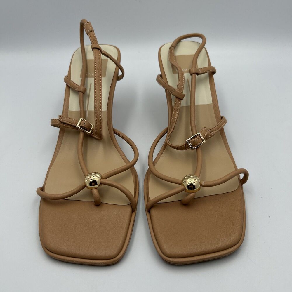 Dolce Vita Womens Mylee Heel Sandal Leather Thong Slingback Gold Bead 8.5 Tan